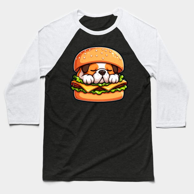 Bulldog is Sleeping inside a Hamburger Baseball T-Shirt by Plushism